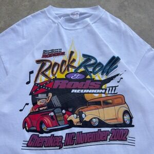 Vintage Y2K Anvil Rock Roll & Hotrods Reunion 2002 Graphic Tee White XL (f3)